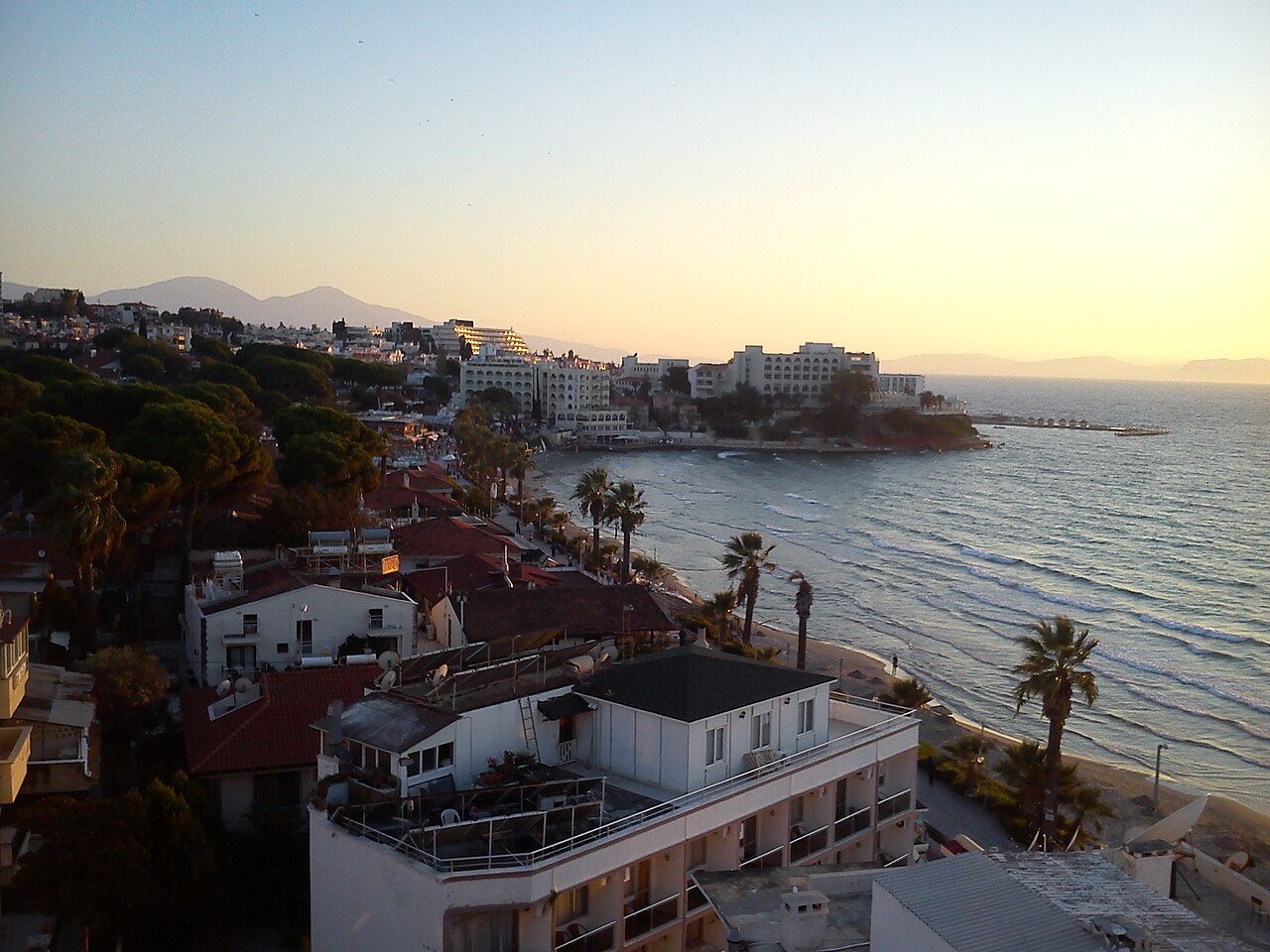 Yukarıdan Kuşadası kıyısı, palmiyeler ve kumsal